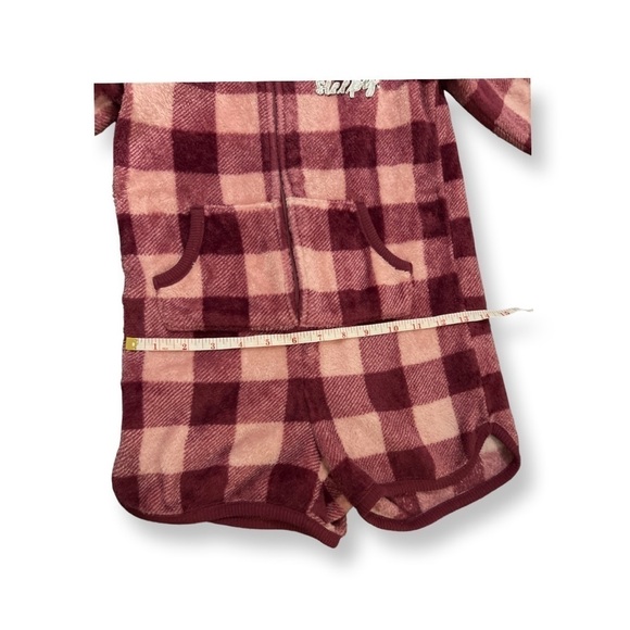 Justice Pajama Romper One-piece Checkered Maroon And Pink Feline Sleepy Size 8 - Picture 8 of 14